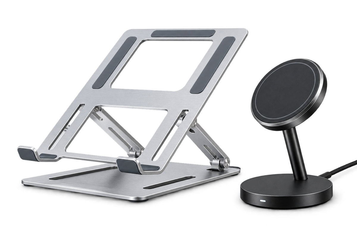A magnetic charging stand and adjustable laptop stand