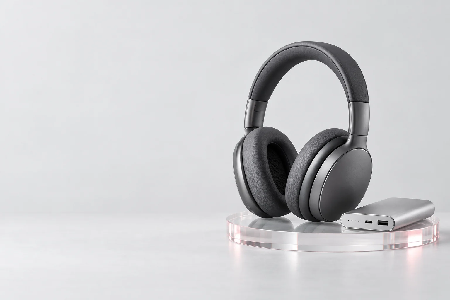 Headphones and a power bank on a clear glass plinth — illustrative gadget scene